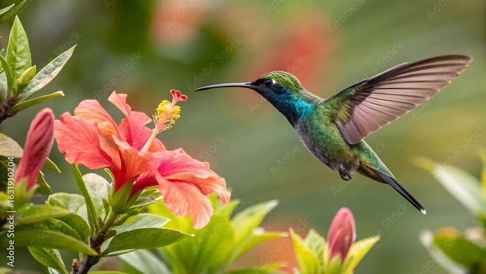 Naklejka premium Hummingbird Feeding on a Coral Hibiscus