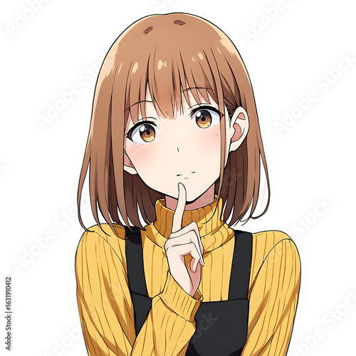 A young japanese anime girl with short brown hair and a shy expression holding her finger to her lips in a shushing gesture wearing a yellow turtleneck and dark overalls