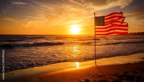 USA Flag Waving Over Serene Beach with Rolling Waves