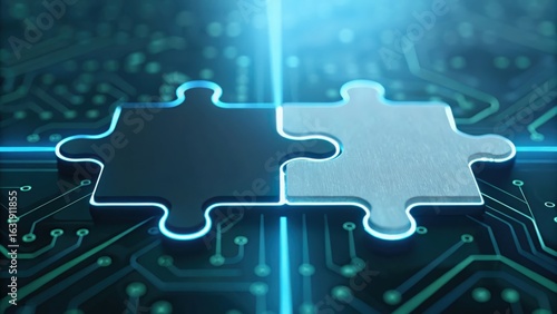 Puzzle pieces connected by neon lines against circuit board background — interoperable tech integration
