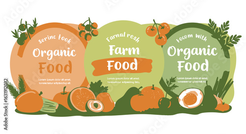 A vector illustration set of organic and farm-fresh food banners. Labels with healthy fruits and vegetables for eco-friendly marketing.