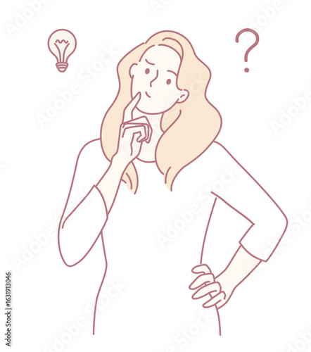 A thoughtful woman pondering an idea, symbolized by a light bulb for inspiration and a question mark for curiosity