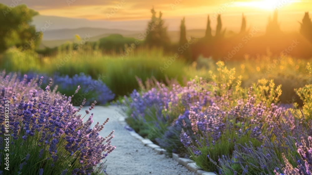 Fototapeta premium Aromatic sunset stroll through lavender fields evoking serenity and tranquility
