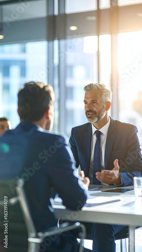 Professional business men in a meeting, with one standing and gesturing while explaining a concept to his seated colleague in a sunlit corporate office