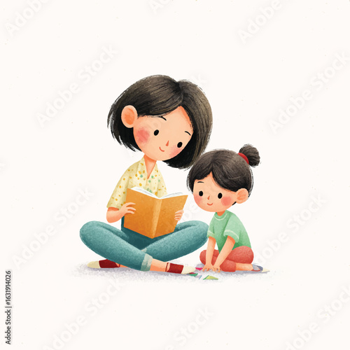 Mother and daughter reading together sharing a storybook moment with colorful paper crafts