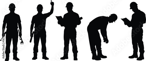Construction Workers Silhouette Holding Tools, Engineering Documents, Industrial Labor Teamwork, Safety Gear, Site Inspection Professionals, Vector Illustration, Project Management