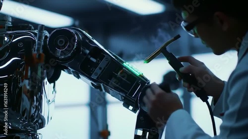 robot being built in a high-tech lab, with glowing circuits and futuristic tools