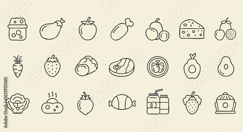 Line art icons depicting various food items, including fruits, vegetables, meat, dairy, and packaged goods, arranged in rows on a light background.