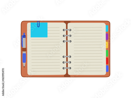 Open note pad with white lined pages, bookmarks and pen. Diary, daily planner, organizer, office and school stationery. Hand drawn vector illustration isolated on white background, flat cartoon style