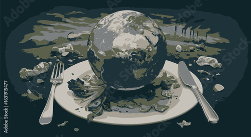 Illustration depicting the Earth as a meal on a plate, with a fork and knife, suggesting environmental consumption and degradation.