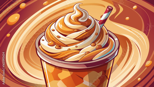   close up Caramel flavoured frappe served in a plastic cup with whipped cream and dressing.