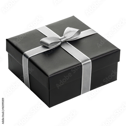 3d black gift box with silver ribbon