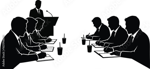 Silhouette illustration of a business meeting with speaker and attendees taking notes in black and white style
