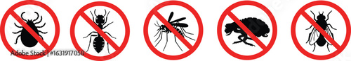 Pest Control Vector Icons, Insect Prohibition Signs, No Bugs Allowed, Mosquito Tick Ant Cockroach Fly, Red Circle Stop Symbol Illustration