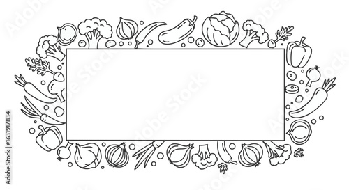 Hand drawn doodle vegetables frame. Fresh organic food border for menu or recipe design. Line art illustration with copy space.