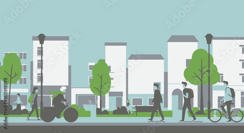 Modern flat design city street with masked people walking and cycling
