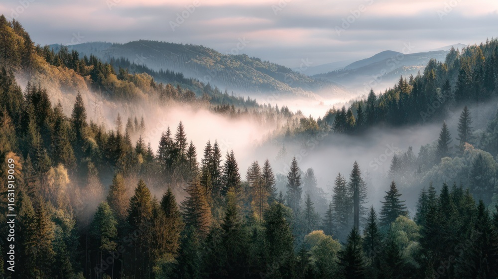 Fototapeta premium Misty mountain valley with dense evergreen forest under soft, glowing sky