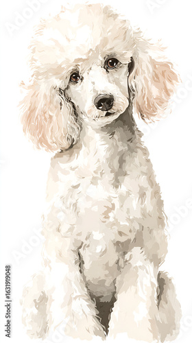 A white poodle sits its fluffy fur rendered in an artistic painterly style
