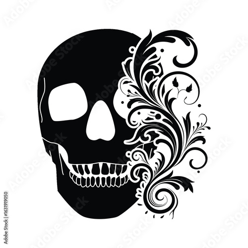 Gothic Floral Skull SVG – Elegant Skeleton Clipart, Boho Skull with Flowers – Hand Drawn Vintage Skeleton Vector
