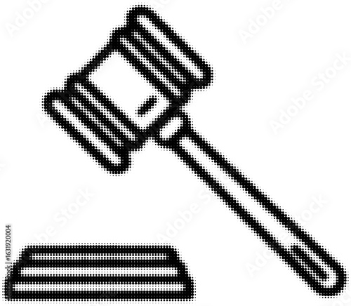 Black and white dotted gavel illustration with block, law symbol