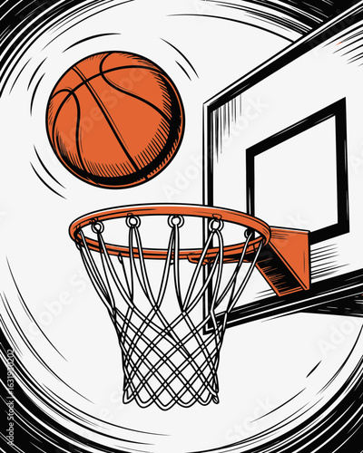 basketball, hoop, ball, net, backboard, score, sports, game, play, athlete, action, court, shot, basket, illustration, orange, graphic, motion, dynamic, slam, dunk, shooting, sketch, drawing, lineart,