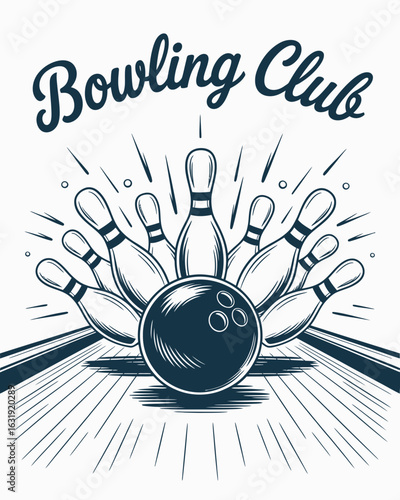 bowling, club, ball, pins, strike, illustration, black, white, retro, vintage, sports, game, alley, team, competition, graphic, design, lineart, sketch, recreation, fun, sporty, classic, knockdown, pl