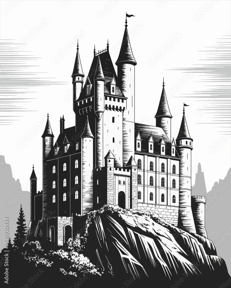 Fototapeta premium castle, fairytale, fortress, palace, illustration, black, white, fantasy, medieval, towers, turrets, architecture, drawing, sketch, lineart, historic, vintage, majestic, stronghold, cliff, mountain, s