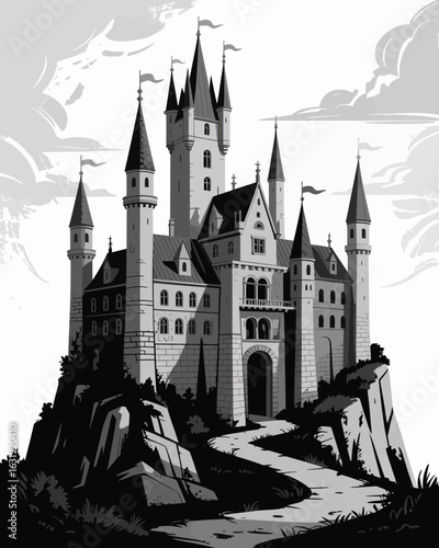 castle, fairytale, fortress, palace, illustration, black, white, fantasy, medieval, towers, turrets, architecture, drawing, sketch, lineart, historic, vintage, majestic, stronghold, cliff, mountain, s