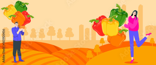 People hold Sweet bell peppersHarvest season. Horizontal banner. Isolated vector illustration.