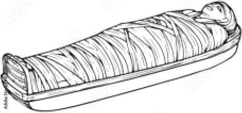 Monochrome illustration of a mummy wrapped in bandages lying in a sarcophagus