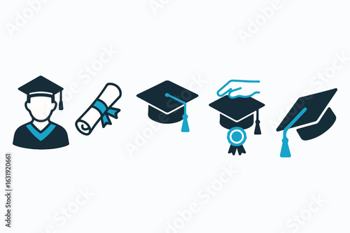 A Collection of Graduation Icons Featuring Mortarboards Diplomas and a Graduate in Graduation Regalia for Education Related Content