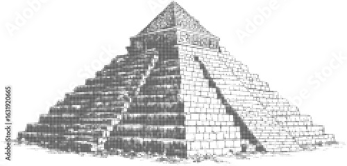Pixelated black and white image of an ancient pyramid structure with steps