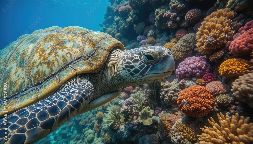 Fototapeta premium Green sea turtle gracefully glides through vibrant Red Sea coral reefs, teeming with diverse marine life