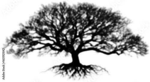 Silhouette of a tree with intricate branches and roots in halftone style