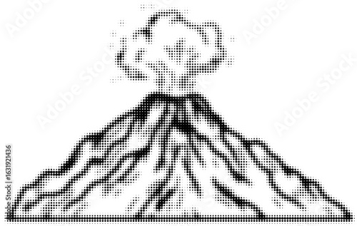 Volcano erupting with smoke and ash depicted in black and white illustration
