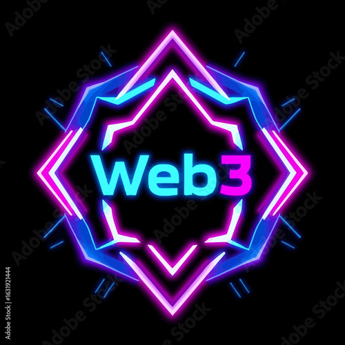 A neon-style graphic featuring the text "Web3" within a geometric, illuminated design.
