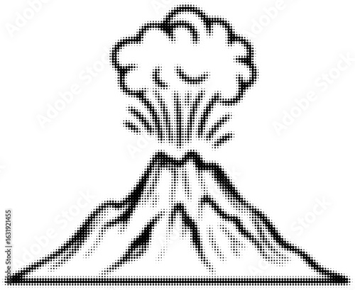 Halftone illustration of a volcanic eruption in black and white drawing style