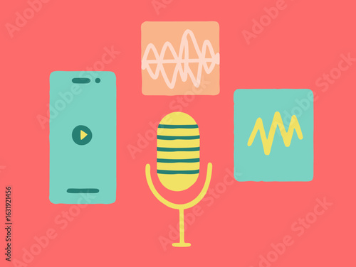 Podcast vector elements (microphone, waves, apps).