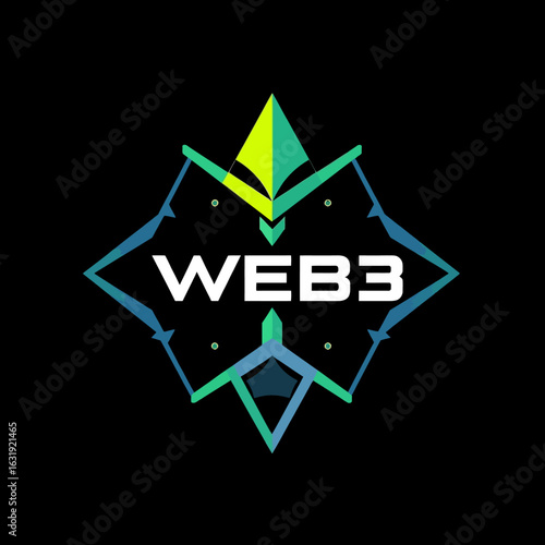Abstract logo featuring "WEB3" text with geometric shapes in shades of green and blue on a black background.