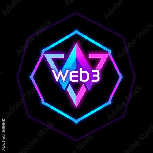 Neon-lit logo for Web3, featuring a stylized "W" and the text "WEB3" in a geometric design.