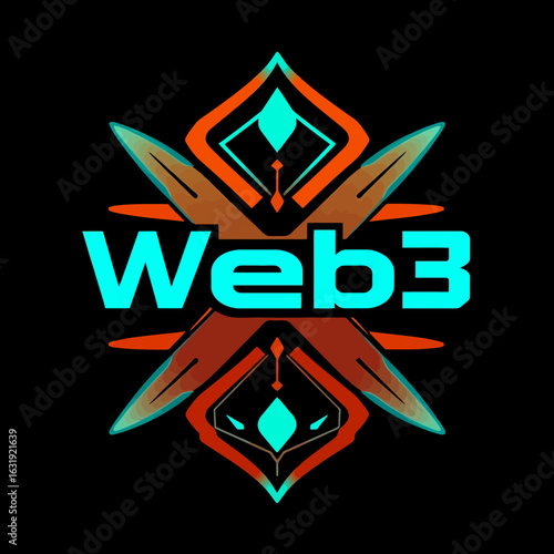 A stylized logo featuring the text "Web3" within a symmetrical, geometric design of orange, teal, and brown shapes.