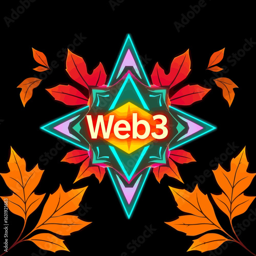 Vibrant, stylized logo design featuring Web3 text, surrounded by autumn leaves and geometric shapes.