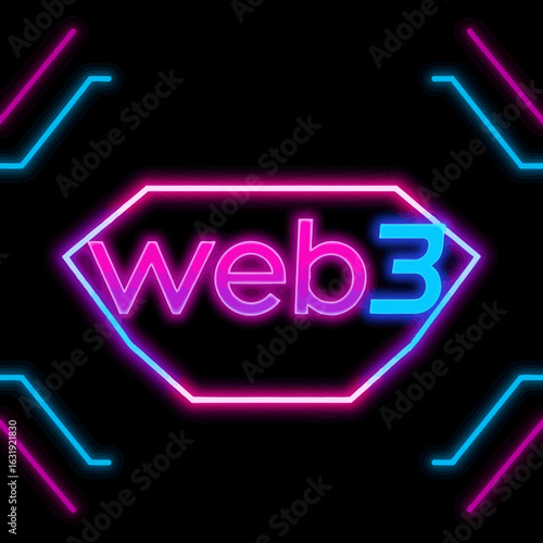 Neon-lit logo for Web3, framed by geometric shapes.