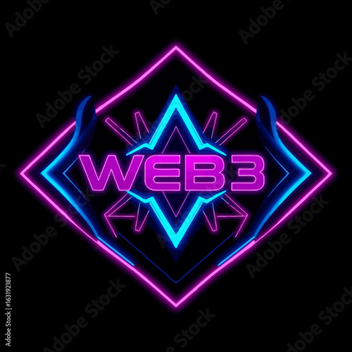 Neon-lit, stylized logo for Web3, featuring vibrant purple and blue colors.