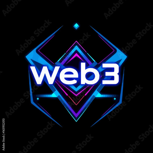 Web3 text displayed in white against a vibrant, geometric, futuristic, blue and purple background.