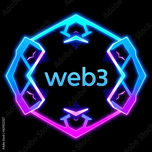 Neon-glowing, futuristic Web3 logo with geometric shapes and vibrant blue to pink gradient on a black background.