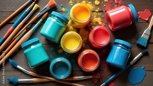 Open Paint Jars and Brushes on Wooden Table – Creative Art Supplies Flat Lay