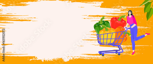 Woman holds cart with Sweet bell pepperHarvest season. Horizontal banner. Isolated vector illustration.