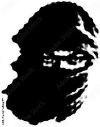 Silhouette of a mysterious masked figure in dark monochrome halftone style