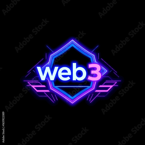 Illuminated "Web3" text inside a geometric neon-style emblem against black background.